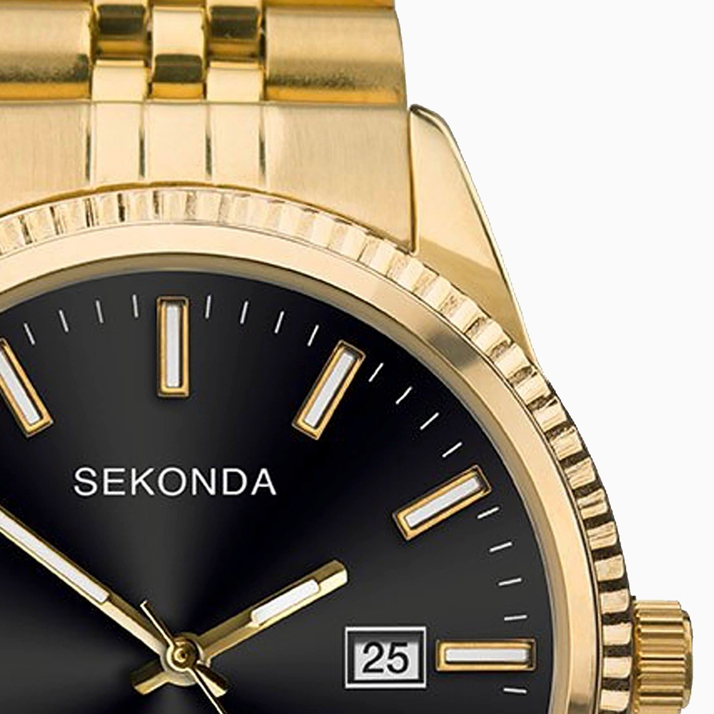 Close-up of the Sekonda King dial showing the fluted bezel, baton hour markers and date window
