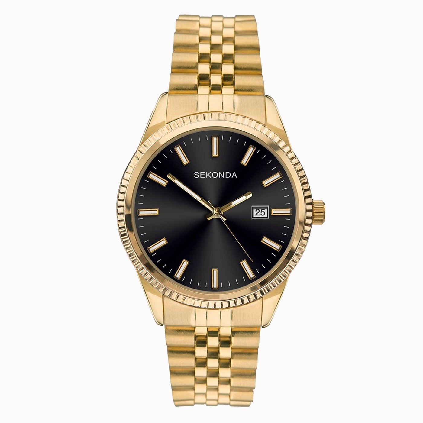 Sekonda King men's watch with fluted gold-tone case, sunray black dial and stainless steel bracelet