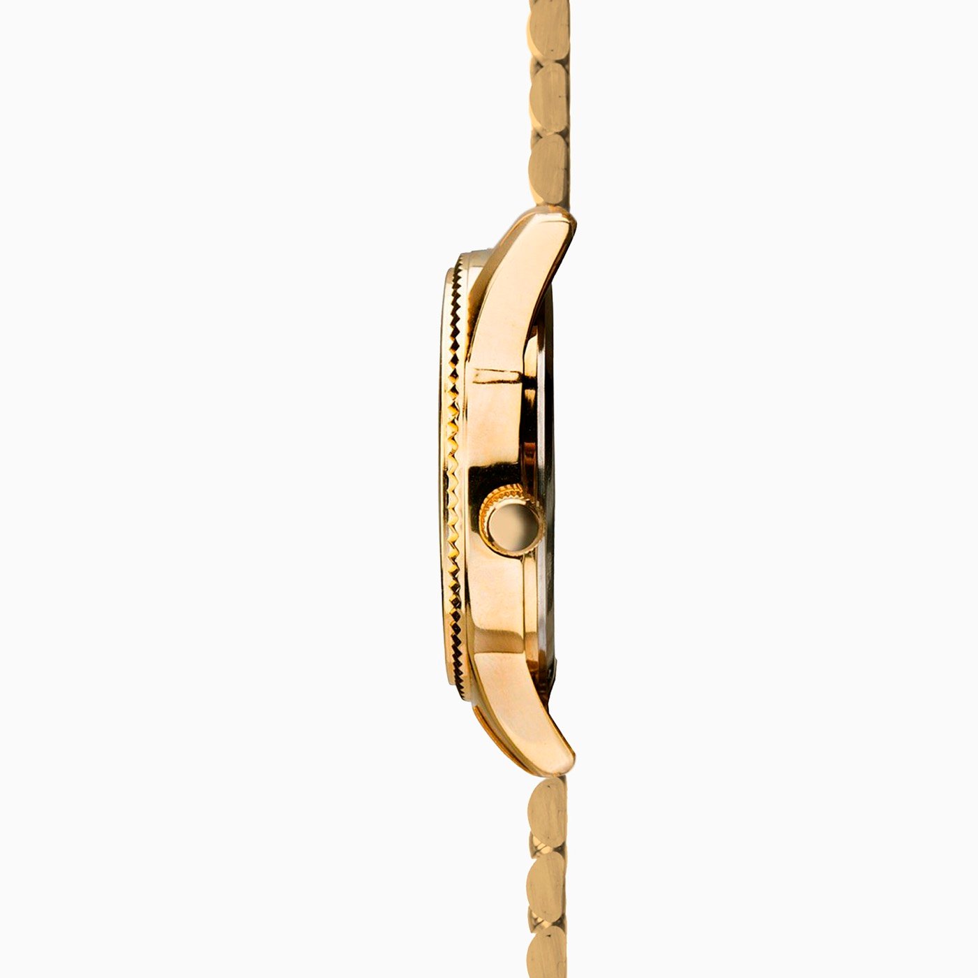 Side profile of the Sekonda King showing the fluted bezel edge and crown