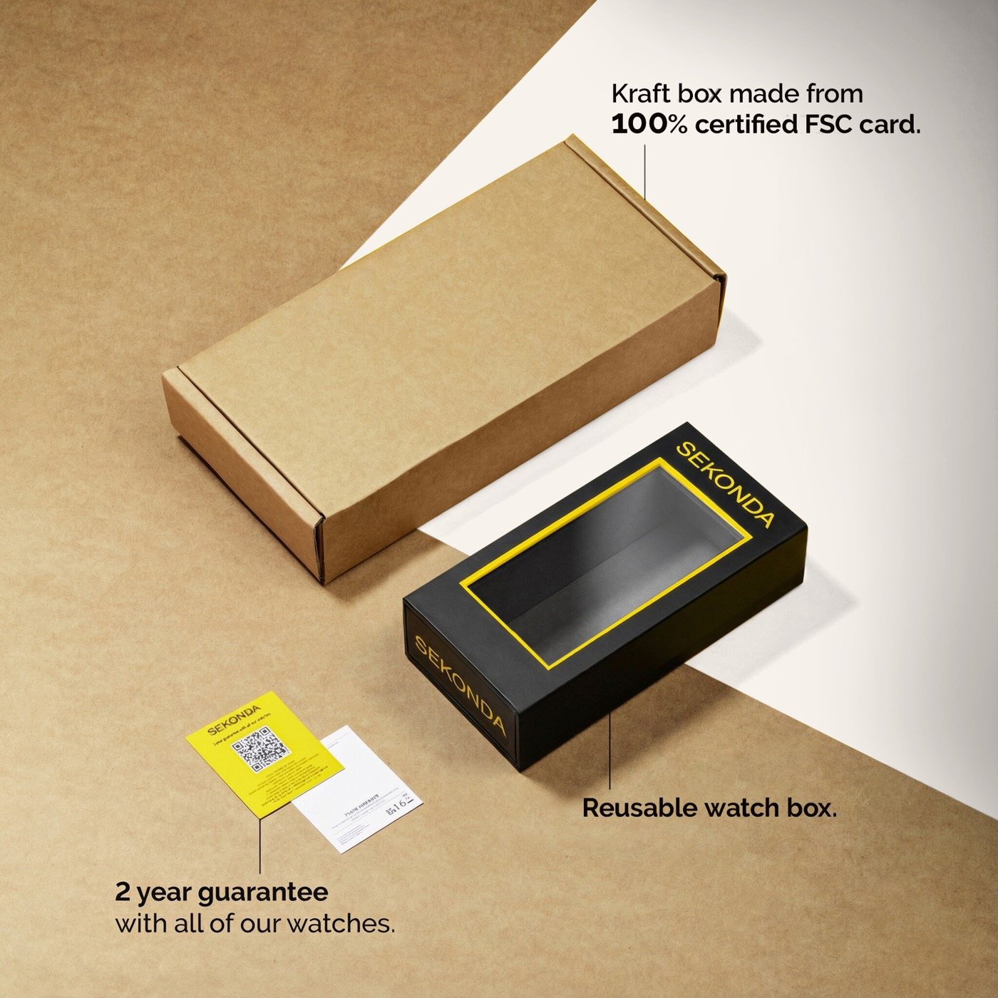 Sekonda King packaging: reusable branded watch box, outer kraft box and guarantee card